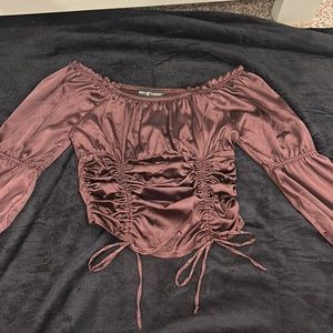 brown ruffled sleeve shirt